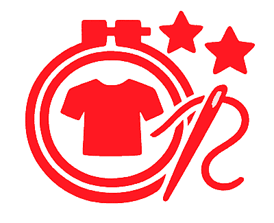 Modern red logo featuring a t-shirt, star, and paintbrush for website branding.