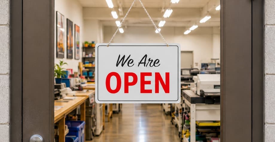 Open sign hanging inside a construction site or office during renovation.