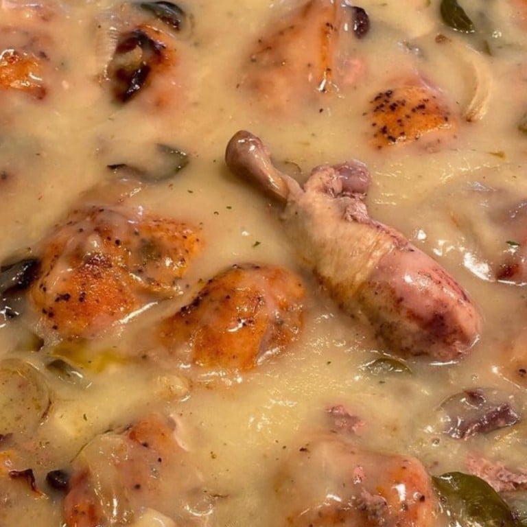 Juicy smothered chicken in a rich, creamy sauce with herbs and spices, served with flavorful vegetables. Perfect comfort food from Corine's Soul Food, Cakes & Catering.