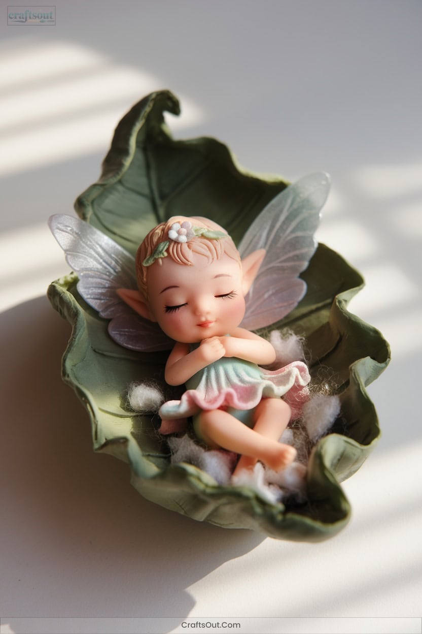 1 Baby Fairy Sleeping In A Leaf Cradle
