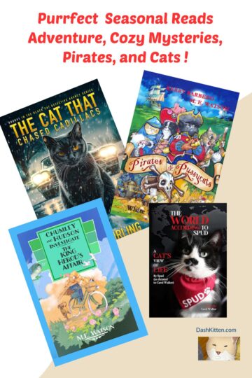 collage of holiday books about cats