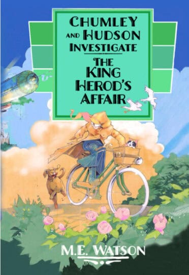 book cover showing a woman on a bicycle with a cat in the basket being chased by a dog