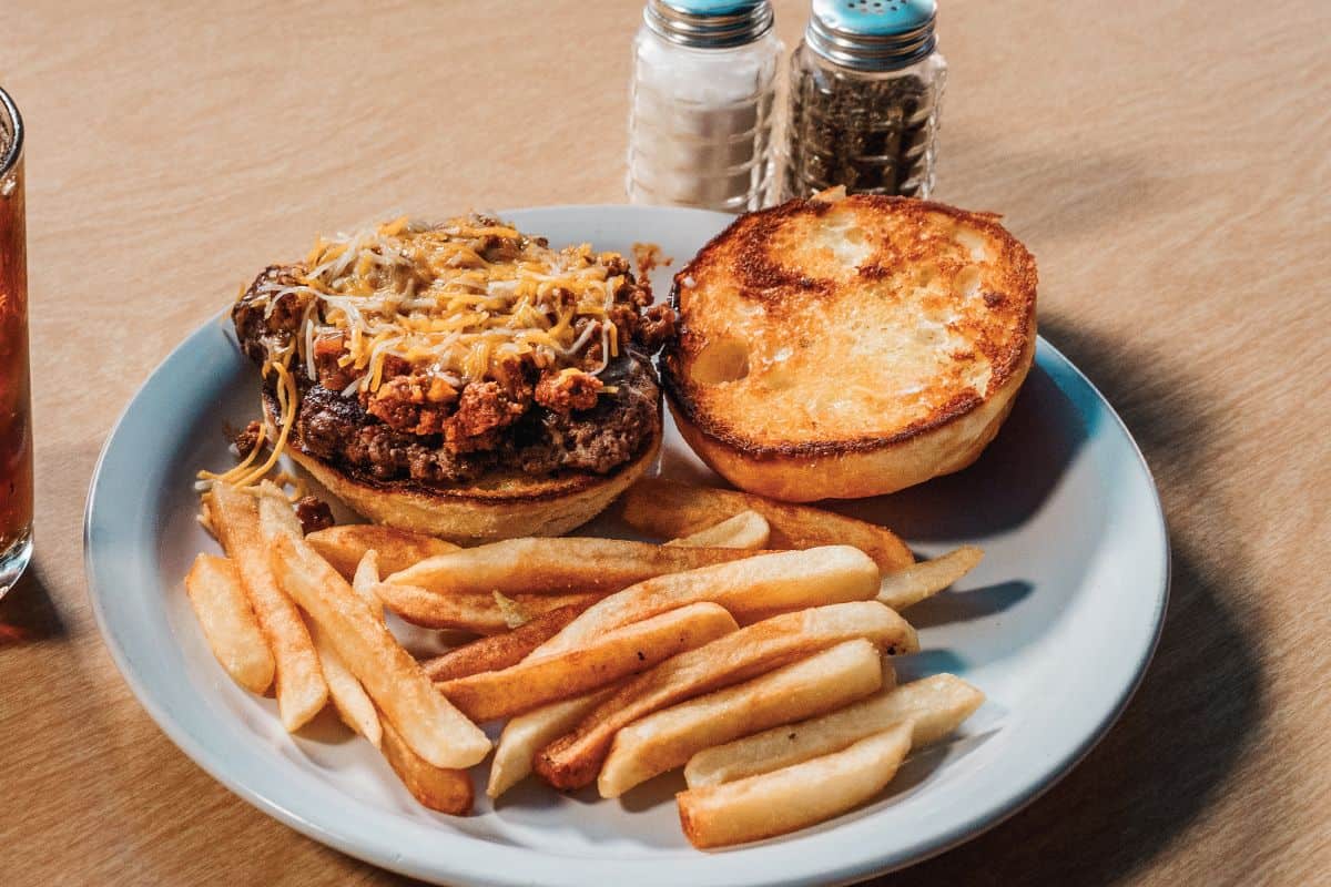 burger with chicken and fries