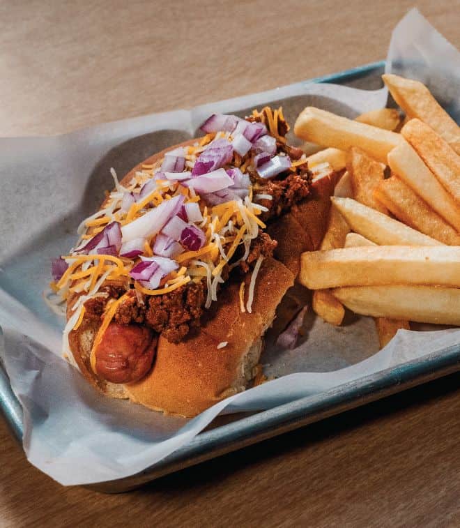 chili dog with fries