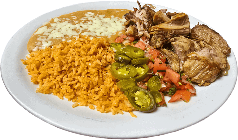 Mexican plate with rice, beans, shredded beef, and vegetables at El Mesquite.