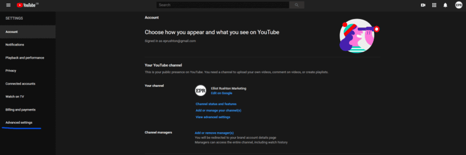 Youtube Advanced Account Settings Screenshot