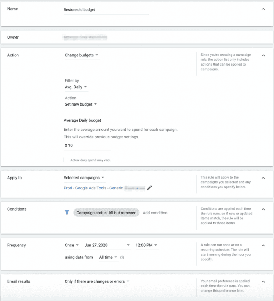 Automated Rules can be set up in Google Ads so that budgets revert back to their old figures on a specific date