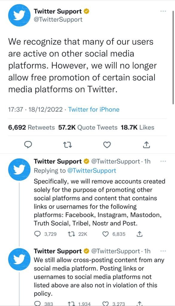 Now deleted Twitter Support tweets outlining the latest Twitter Ban criteria.