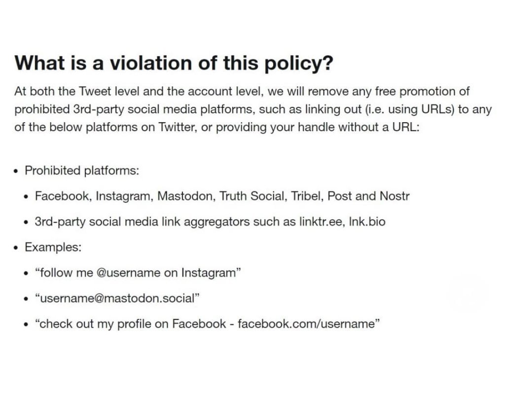 Outline of content that violated the Twitter ban on links to other social media.