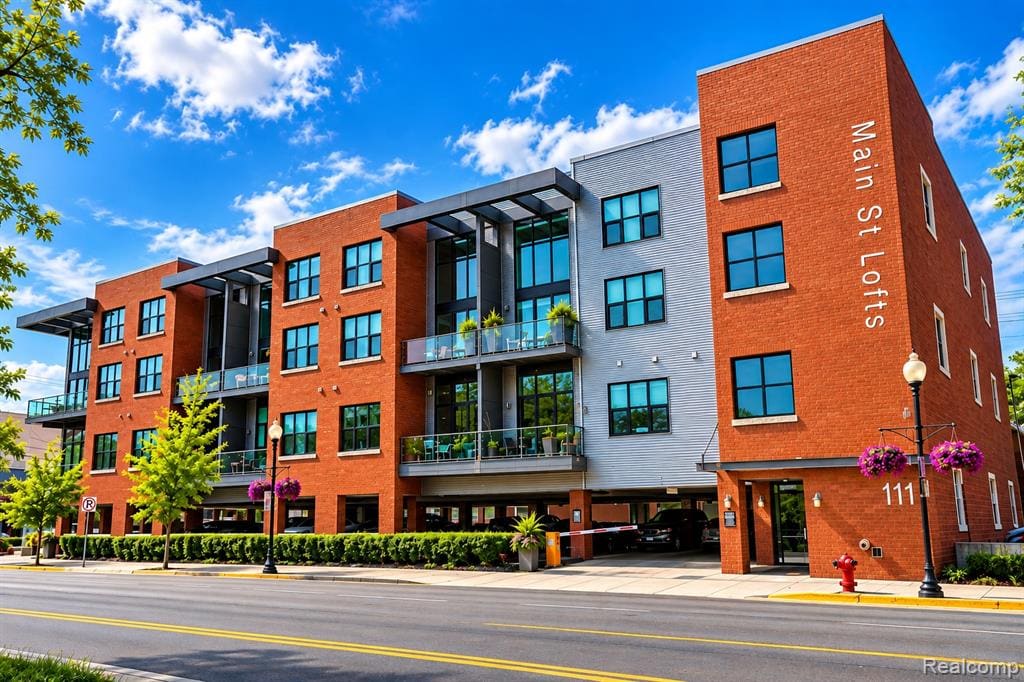 Modern multi-story building featuring brick and gray siding