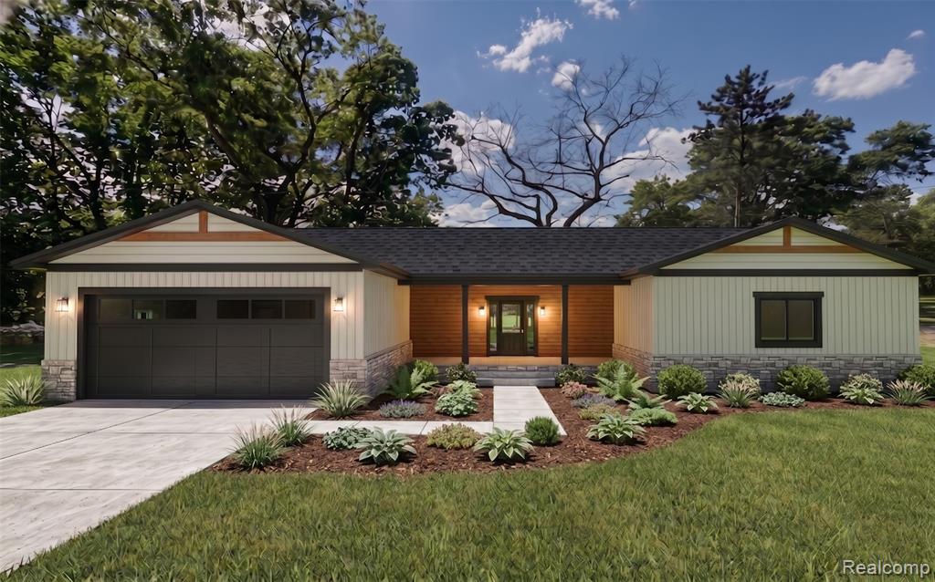 Huron River Ranch is a stunning NEW construction Custom Modern Farmhouse Ranch situated directly on the Huron River in Commerce Township. From the moment you arrive, the exterior makes a statement — LP siding, a cultured stone skirt, black window trim, and striking lantern lighting set the tone for what's inside. Step through the door to vaulted ceilings with exposed white oak beams in the kitchen, wide plank white oak hardwood floors throughout the main living space and primary bedroom, and an open concept layout that feels warm and inviting from every angle. The kitchen is a true showpiece — semi-custom cabinetry, a leathered granite island countertop, quartz perimeter counters, a 36" fireclay farmhouse sink, GE Café appliances, and copper pendant lighting come together beautifully. The great room features a 40" linear electric fireplace with a white oak floating mantle, flanked by custom built-ins, all opening to serene views of the Huron River. The primary suite delivers a true spa experience, with a shower featuring a barrel arch ceiling over a bench with his-and-her niches, champagne bronze fixtures, and designer tile throughout. One detail you'll love: a grocery-bag-sized door leads directly from the garage into the pantry, making it easy — and safe — to bring in even your heaviest hauls. Outside, a 16' x 24' concrete patio off the door wall is the perfect spot to sit back and take in the river as it winds toward the lake. With sunsets from the door wall and sunrises from your 11' x 24' covered front porch, every part of the day has its own perfect view. Don't wait to make this dream home yours!