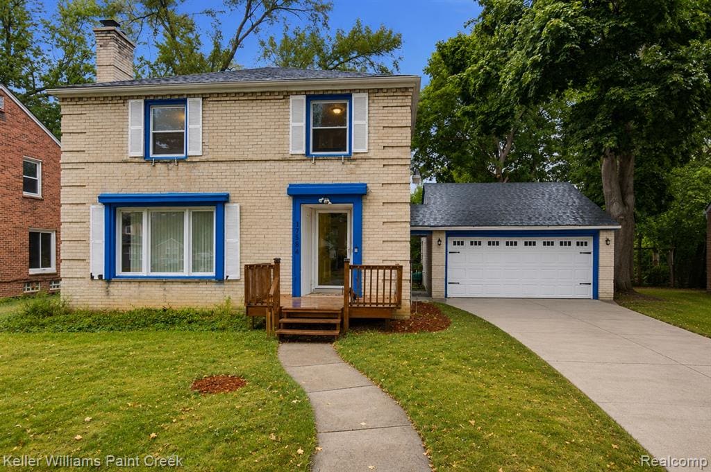 Brick exterior with white shutters and blue trim