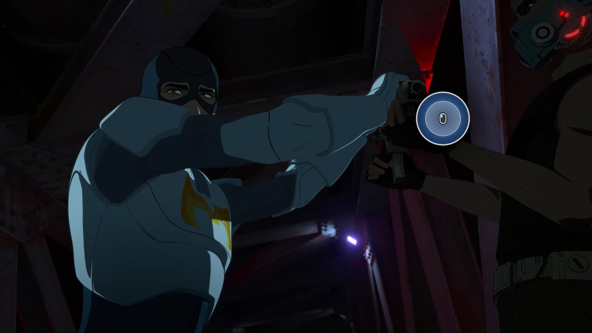 A quick-time event during a cutscene of Mecha Man fighting bad guys