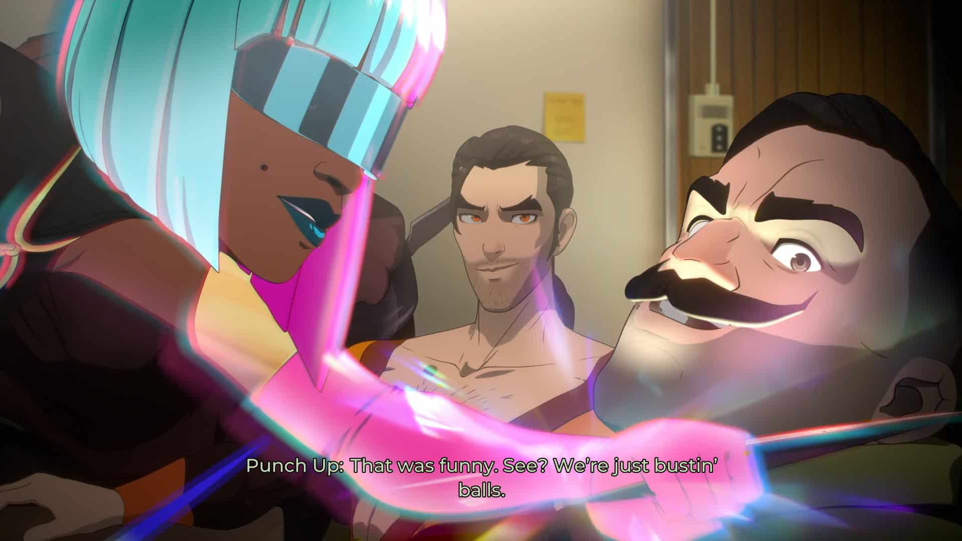 A selection of Dispatch's characters (Prism, Flambae and Punch Up) fooling around
