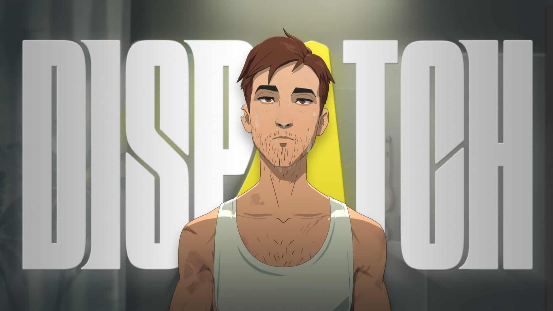 Robert, the protagonist of Dispatch, with water splashed on his face, standing in front of the game's logo