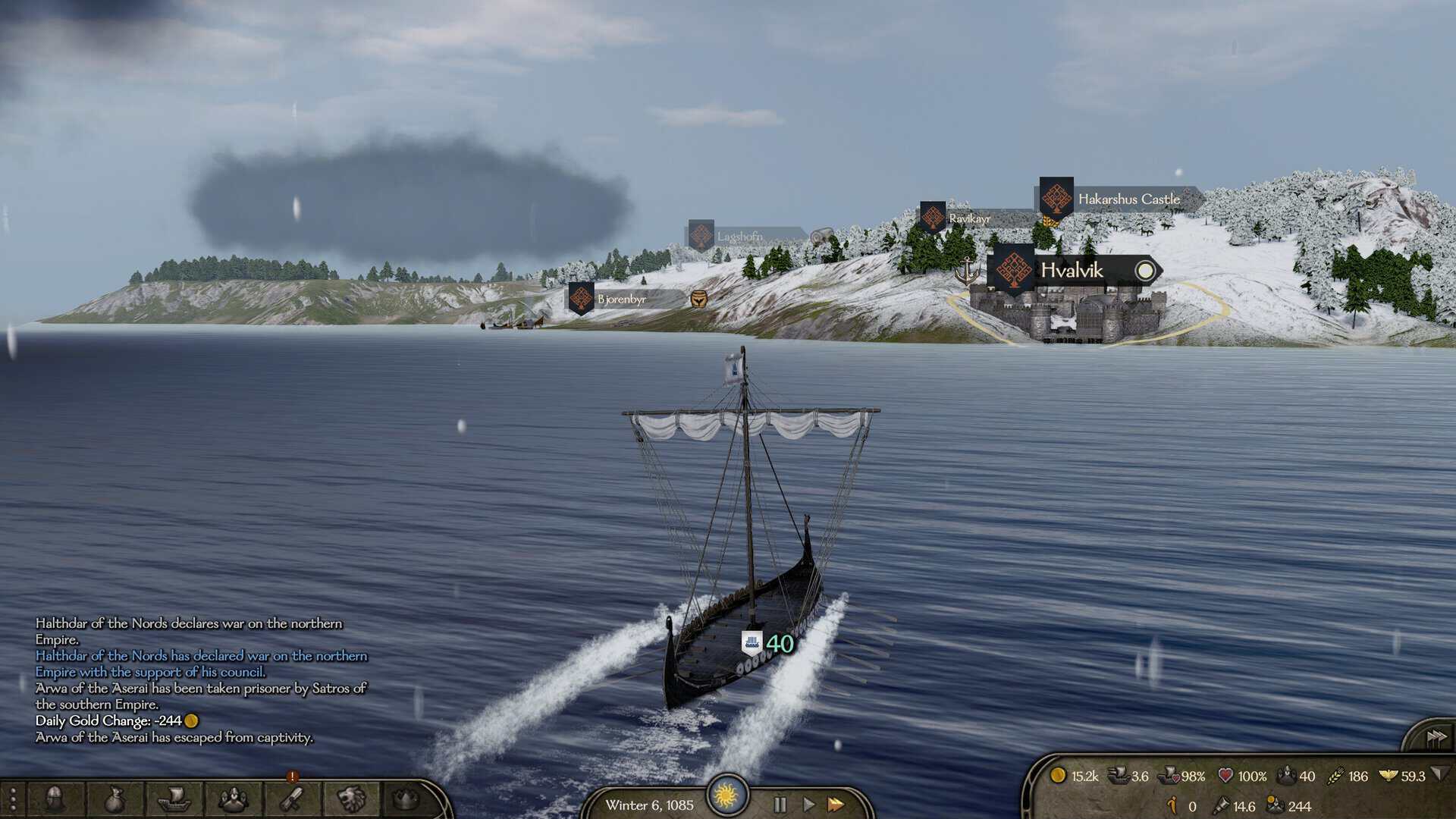 War Sails screenshot showing a ship on the sea travelling towards a medieval castle on a snow-covered island.