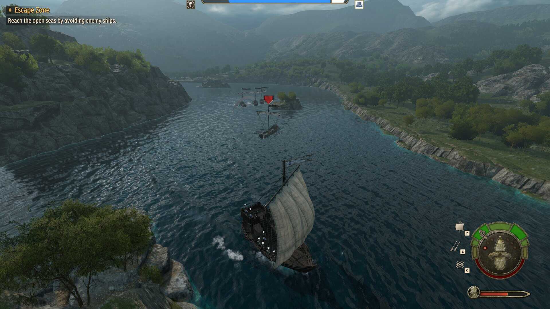 War Sails screenshot showing a cog ship sailing on a river, fleeing smaller Viking-style longships.