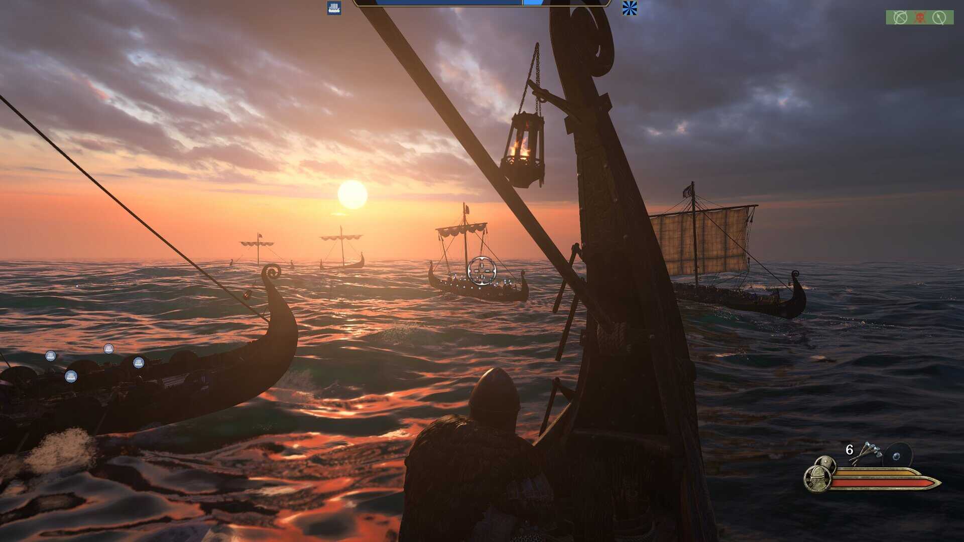 War sails screenshot showing Viking longships skirmishing on open sea with an orange sunset background.