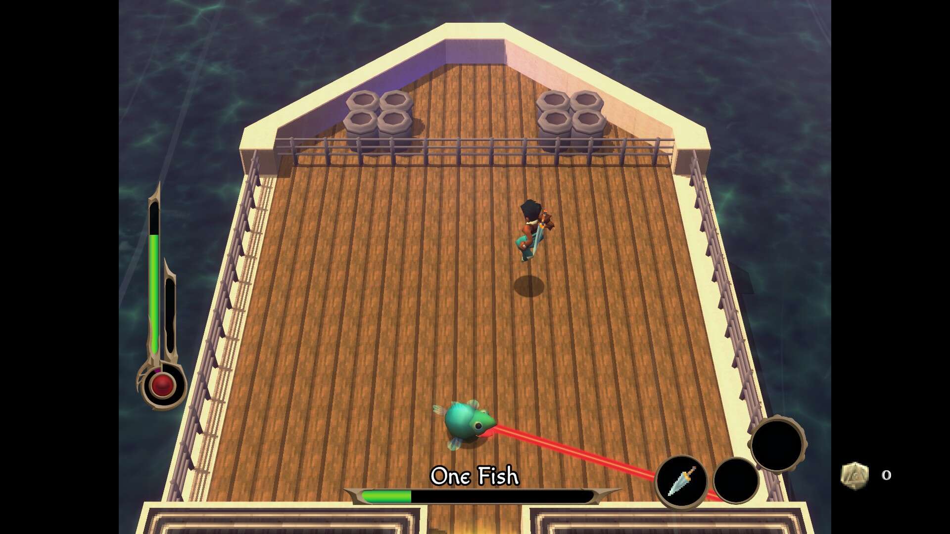 A boss fight against One Fish shooting a laser
