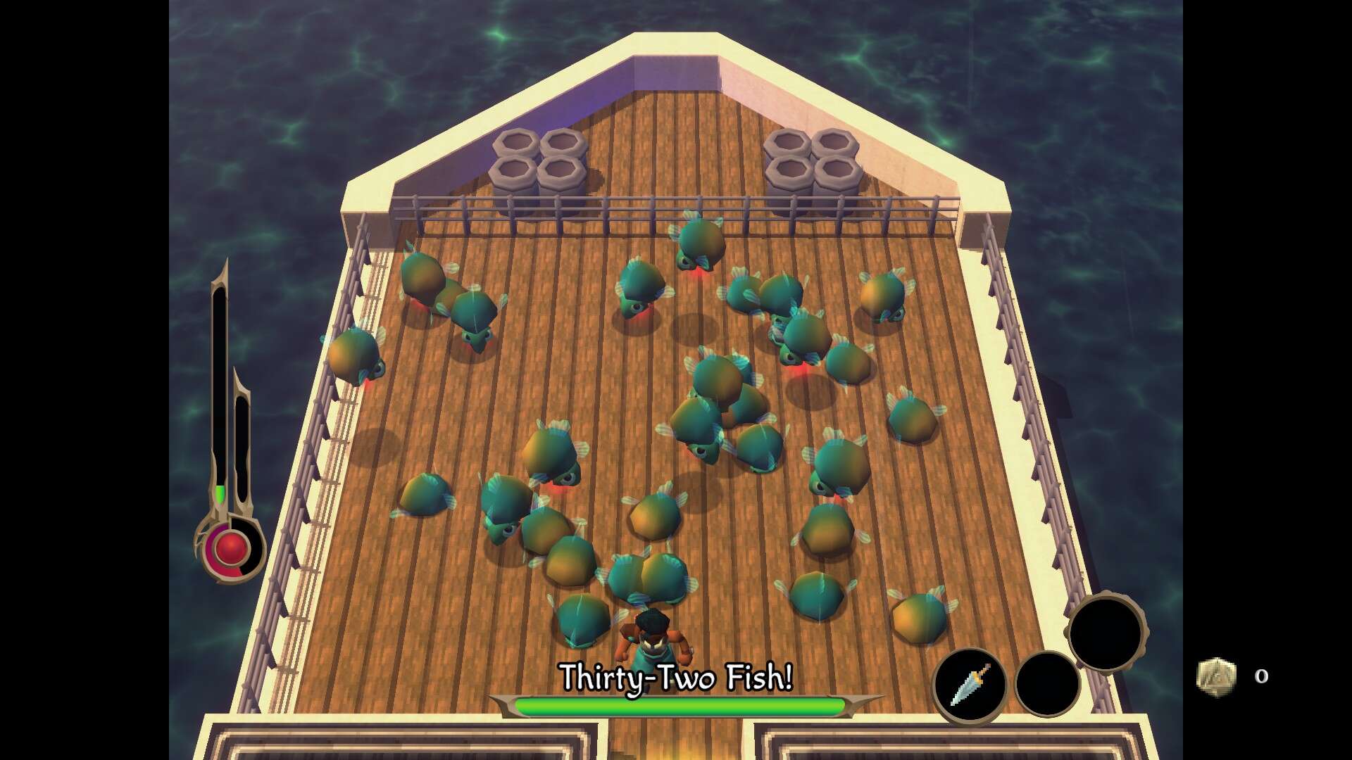 A boss fight against thirty two fish, HP bar on the left is low