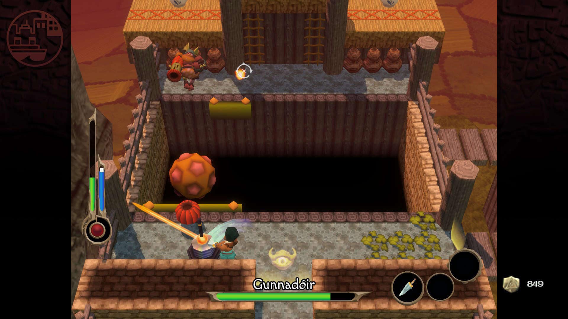 A fight against Gunnadoir, who shoots a big spiked ball that bounces off the paddles on the bottom and top. Tets is slashing at a laser dispenser.
