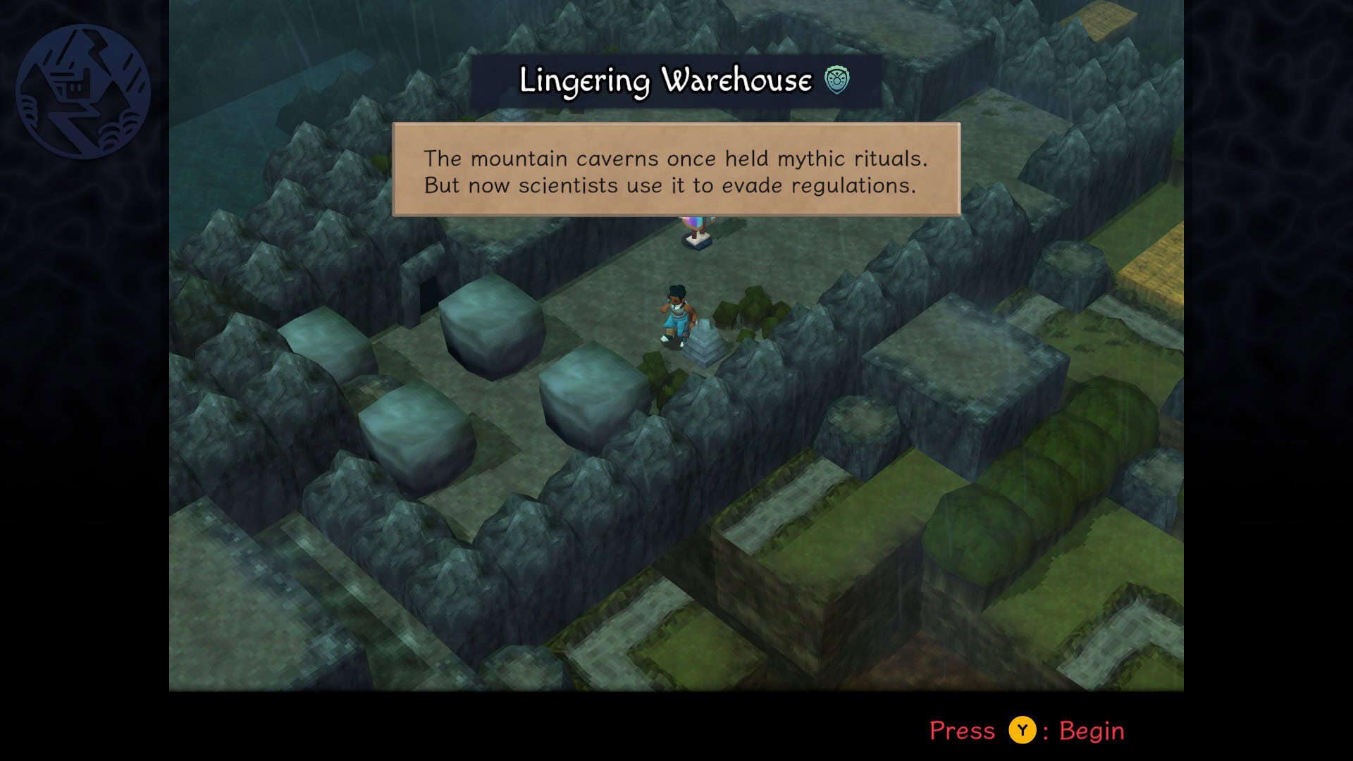 The overworld of Angeline Era. The highlighted level reads: Lingering Warehouse. The mountain caverns once held mythic rituals. But now scientists use it to evade regulations.