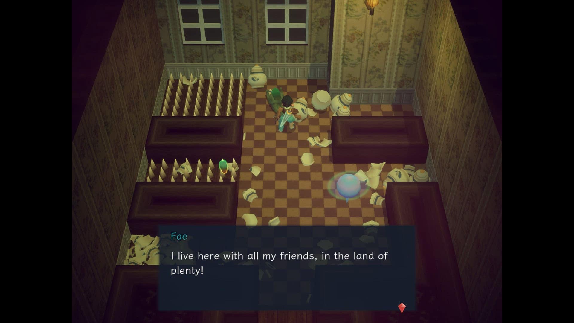 A room filled with broken pots. A Fae slug says: I Live here with all my friends, in the land of plenty!