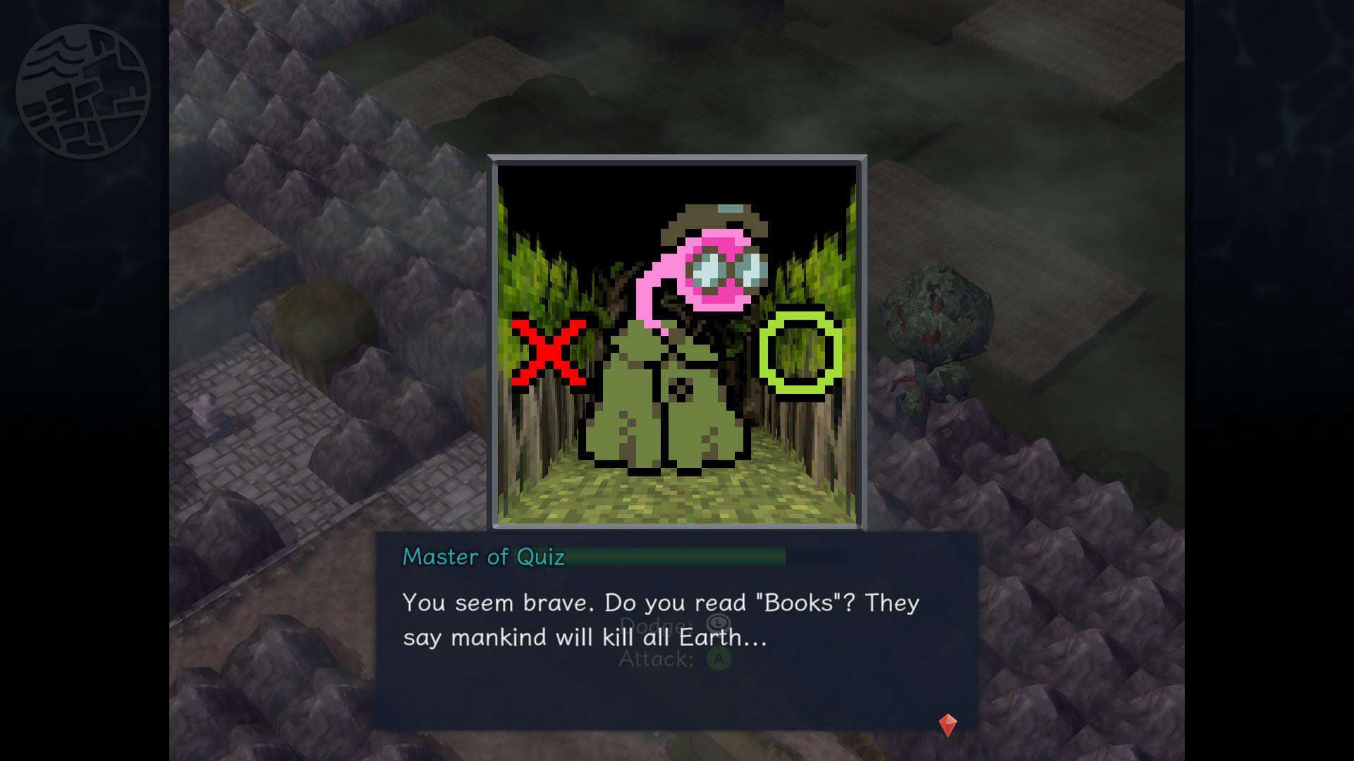 A pink creature in a coat called "Master of Quiz" stands in front of Tets, saying "You seem brave. Do you read "Books"? They say mankind will kill all Earth...