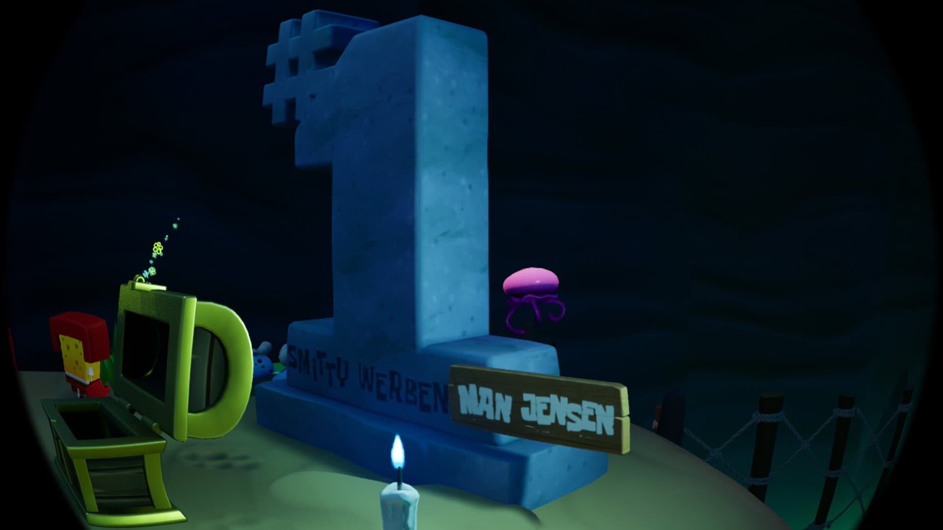 A tombstone showing the name Smitty werbenjagermanjensen and a giant Number 1.