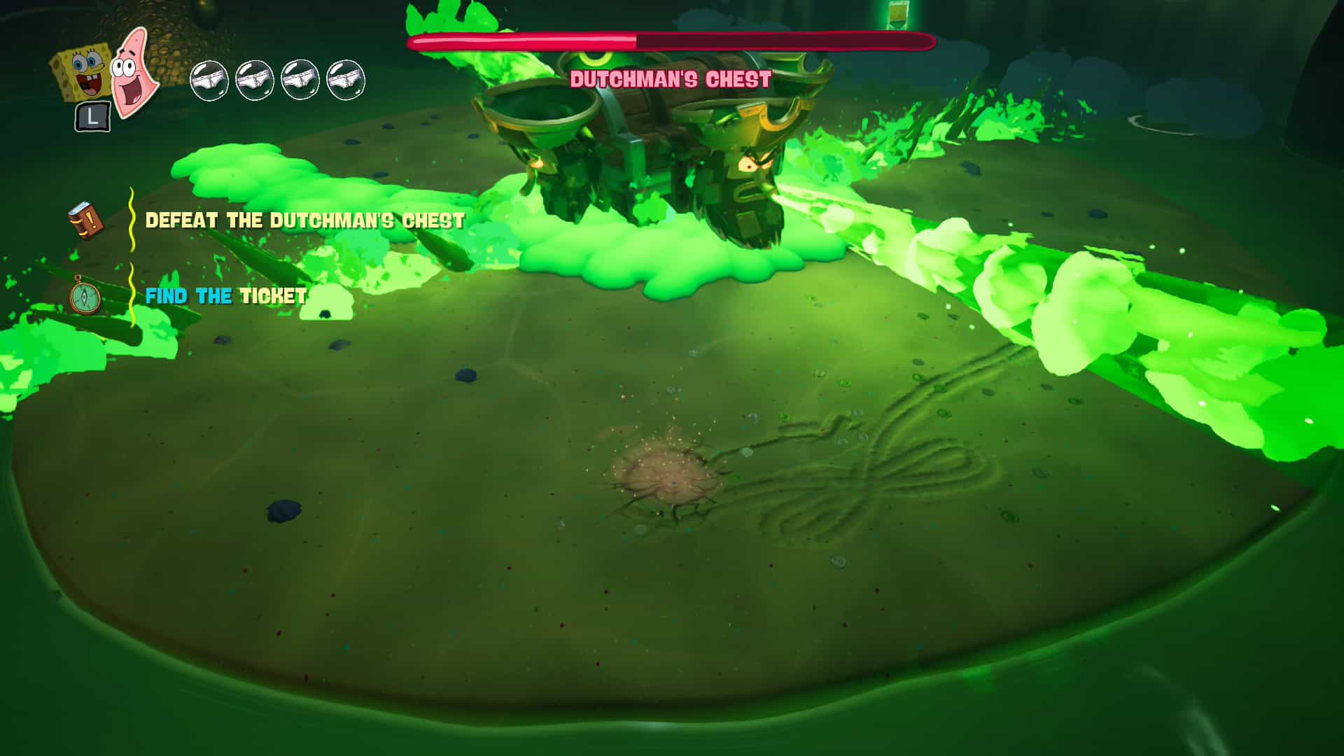 The flying dutchman robot spewing flames as spongebob jumps over them.