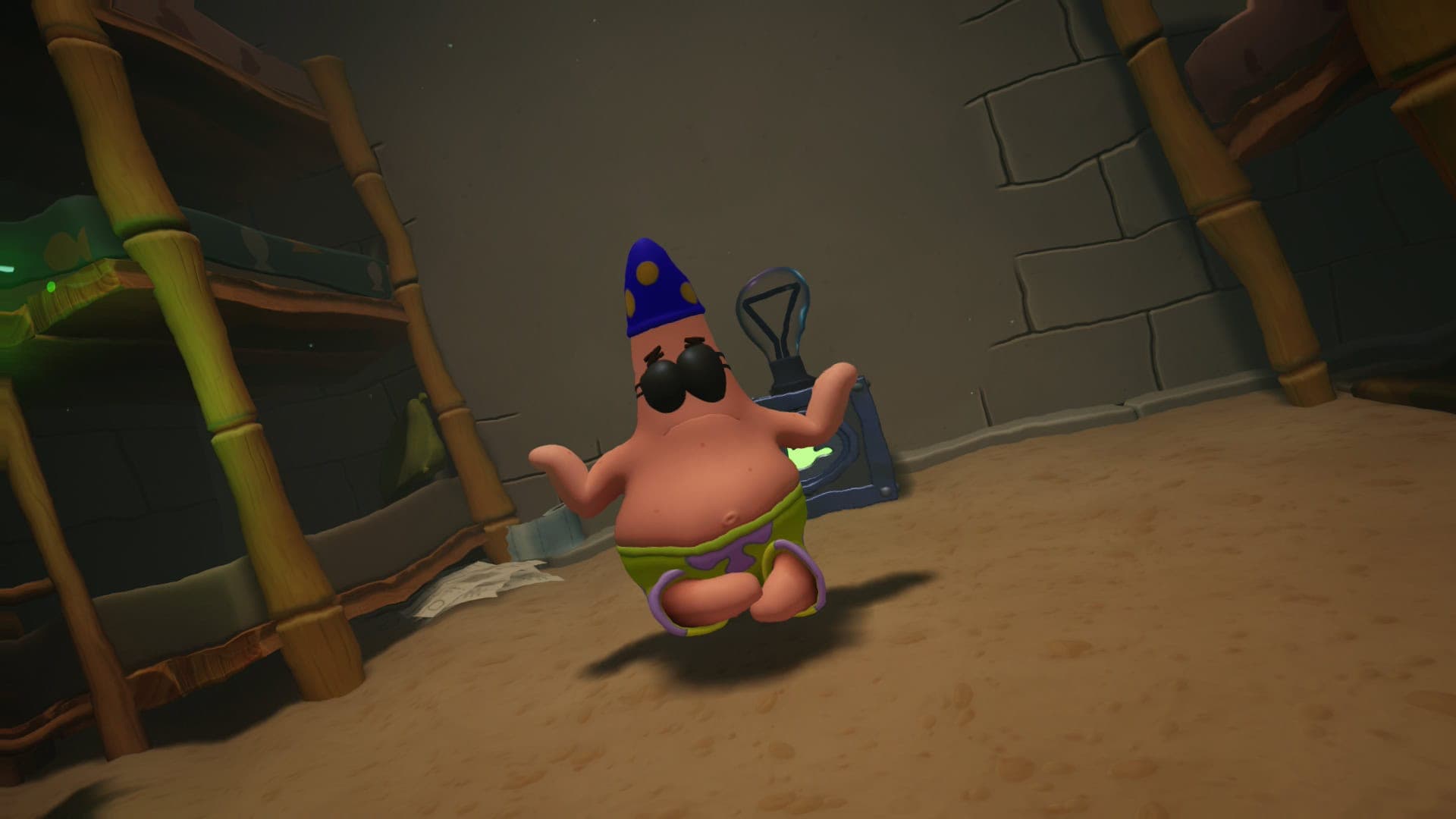 Patrick wearing two eye patches and meditating. 