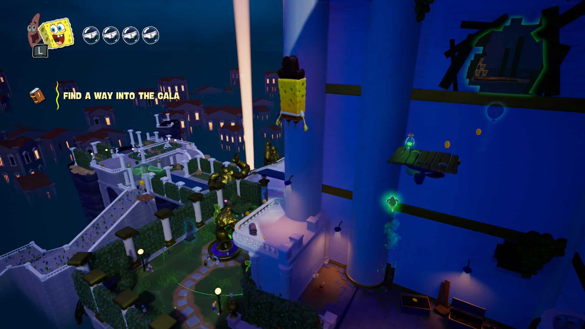 Spongebob jumping on platforms high above a fancy garden party at a palace.