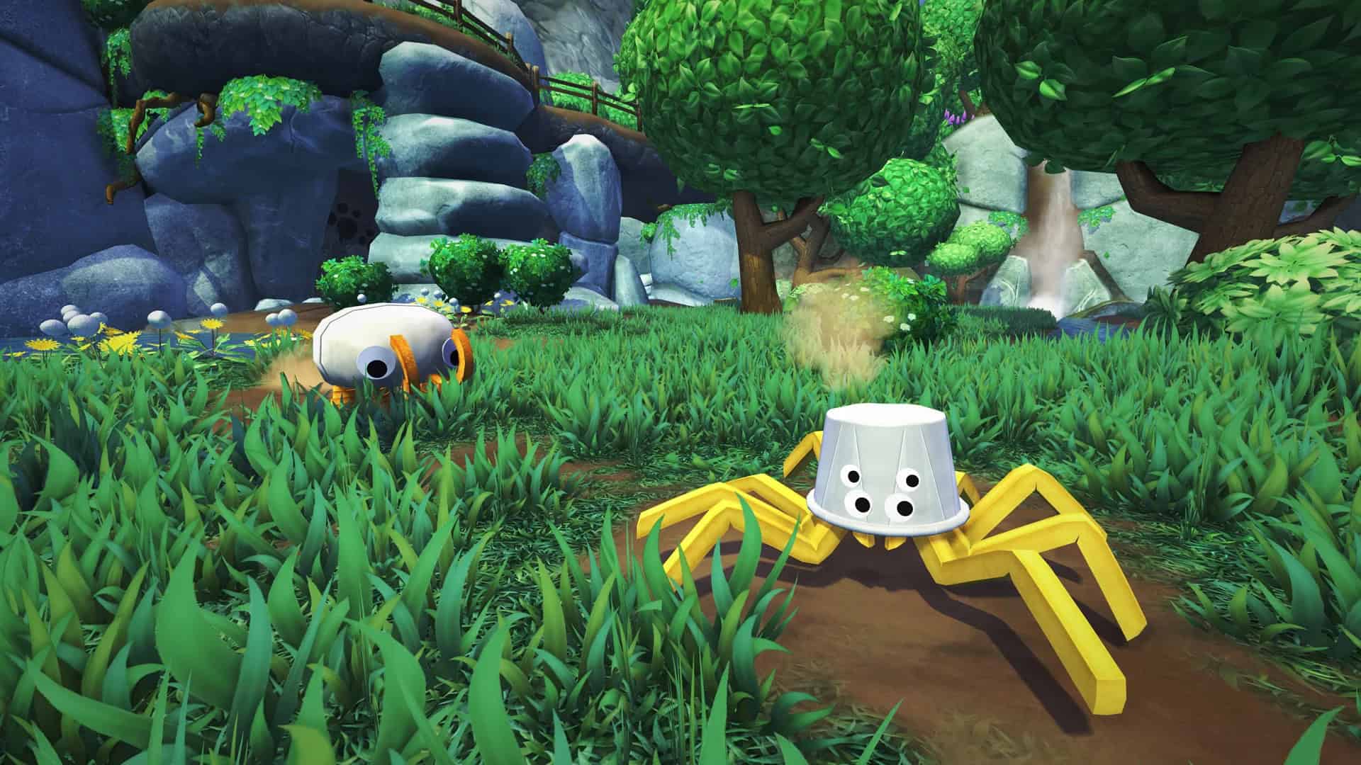 A burger bug and fries spider in a field.
