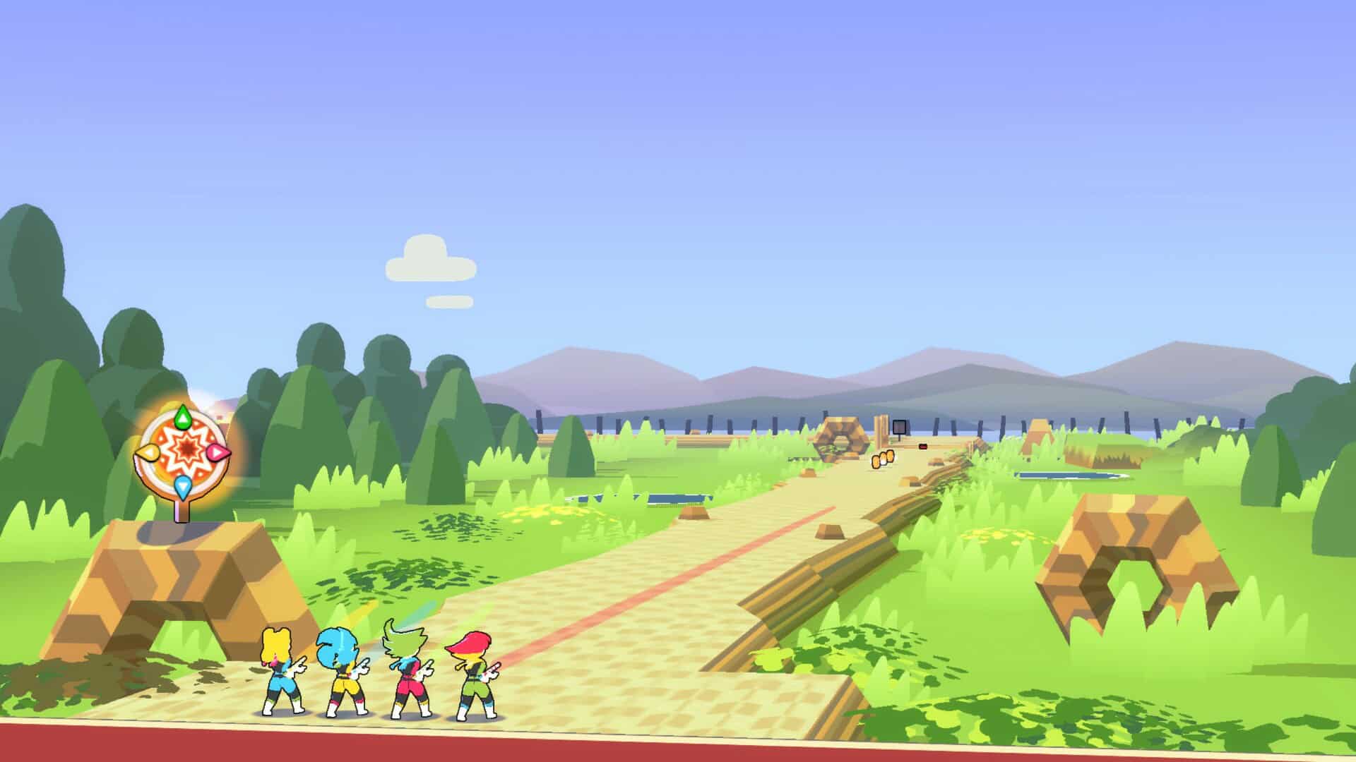 Four characters look out over a long road ahead.