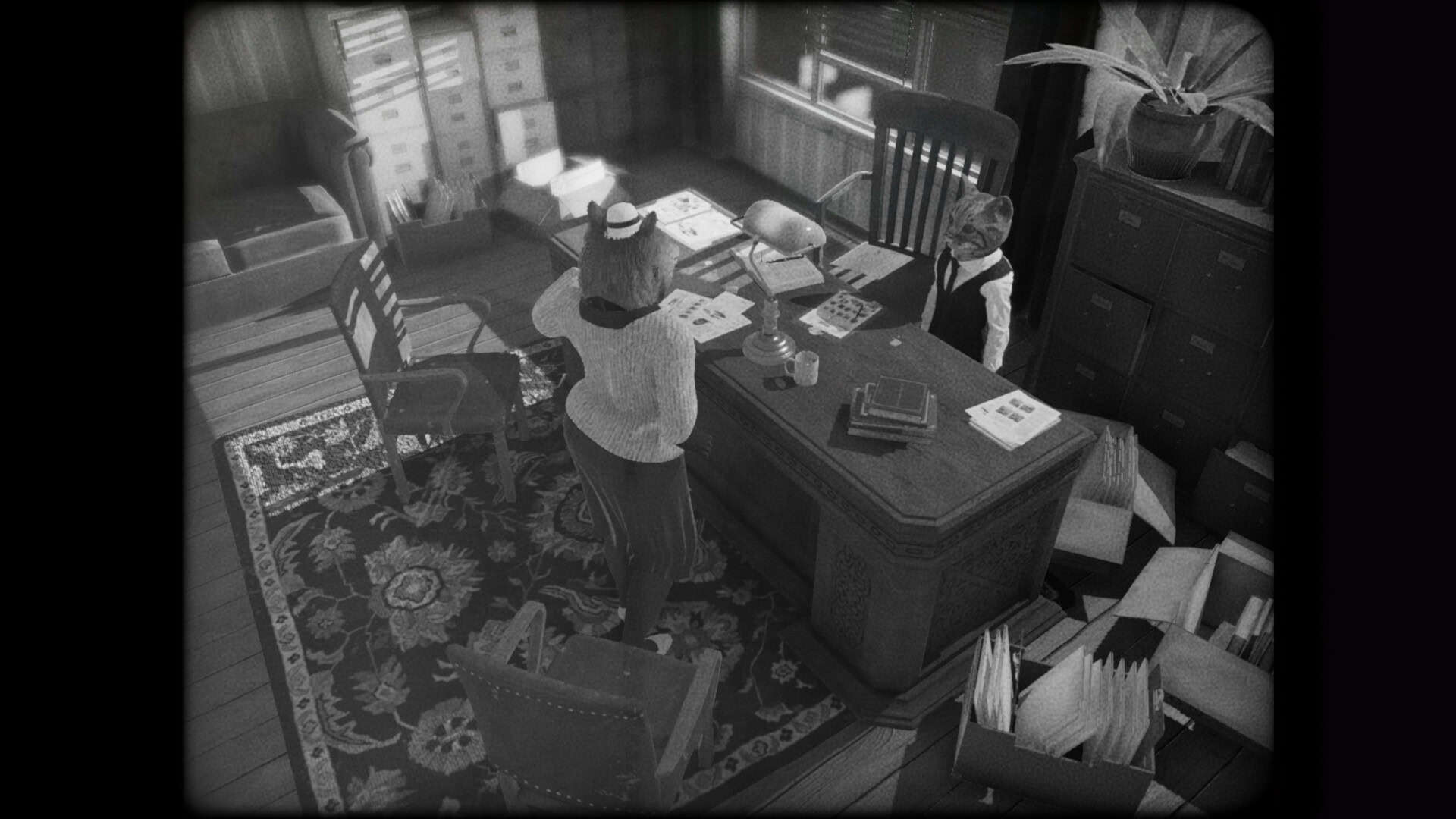 A black and white picture of an anthropomorphic cat at a desk.