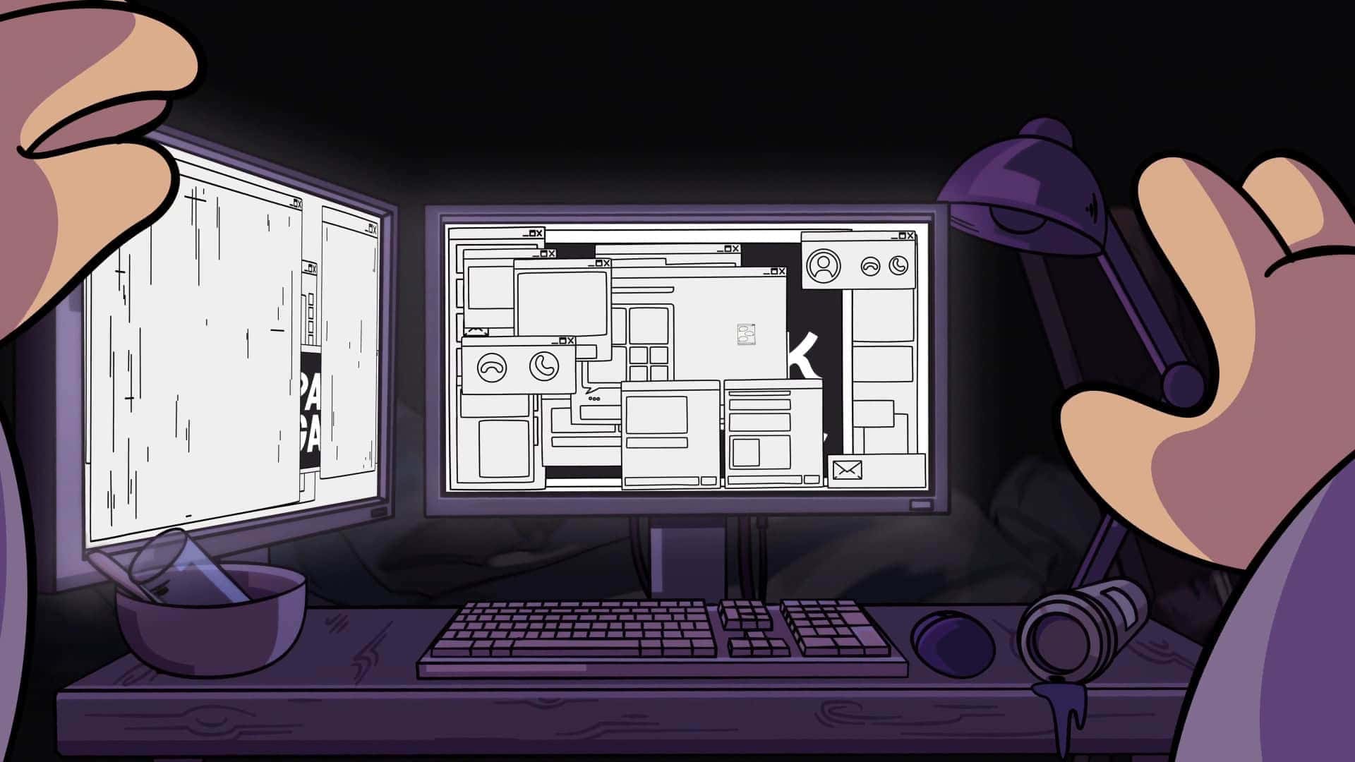 A computer screen framed by cartoon hands, as the screen is overwhelemed with out of focus windows.
