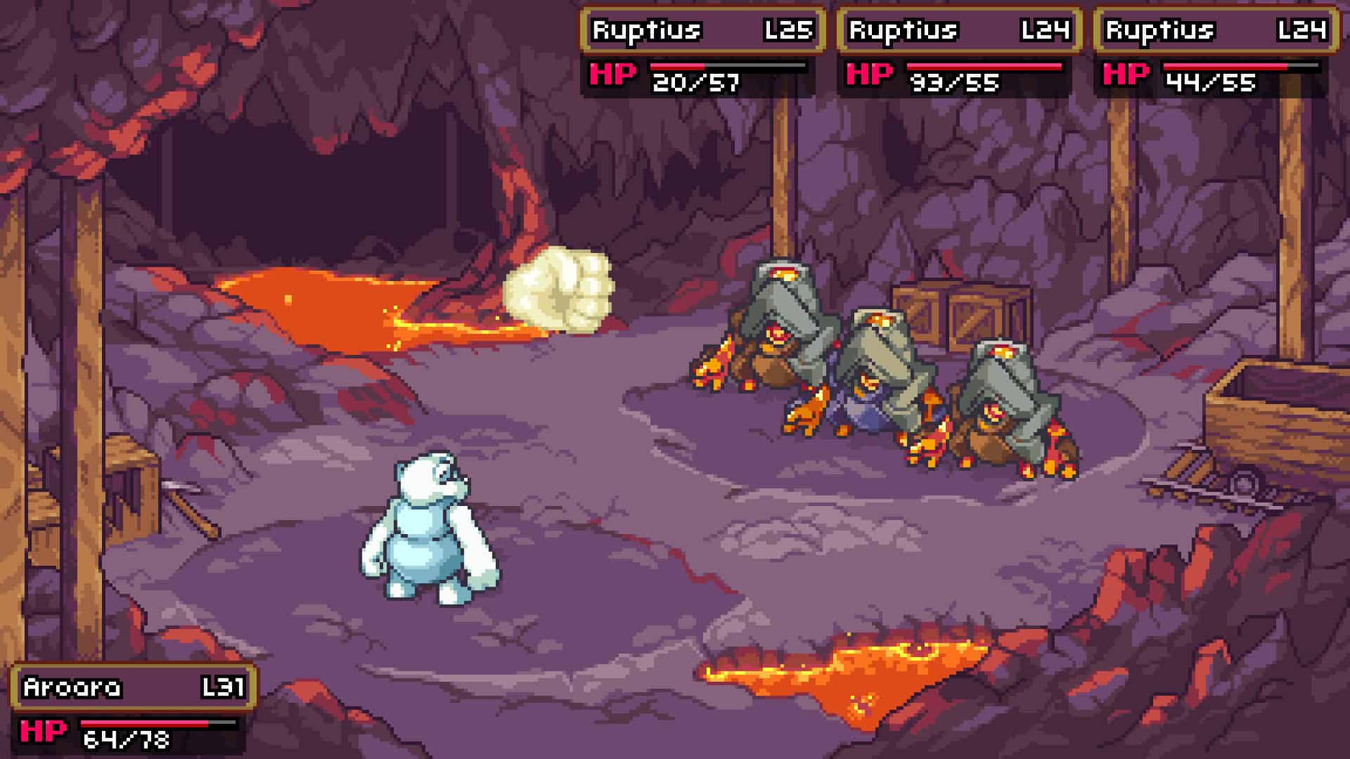 A screenshot of Coromon, showing an ice bear monster fighting against three other monsters in a cave.