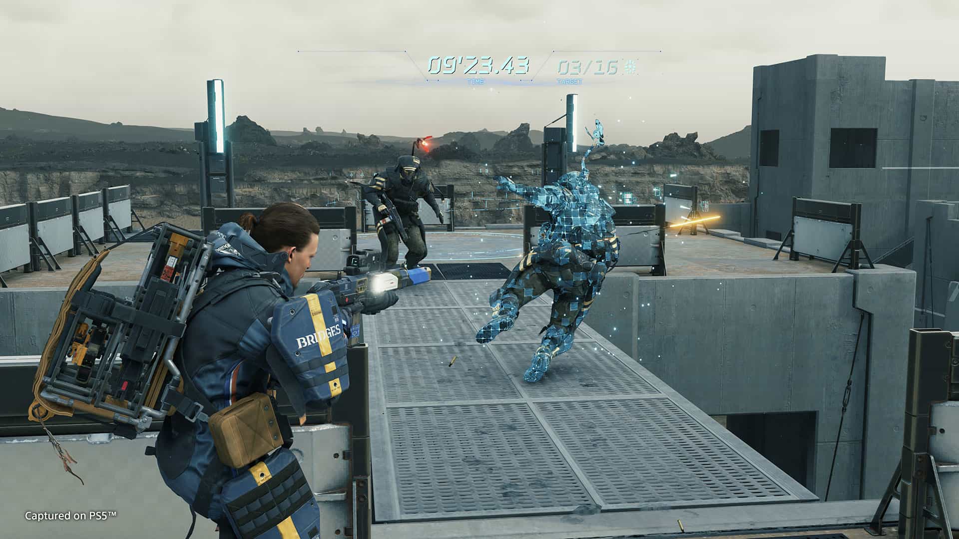 Sam shooting some enemy soldiers with a stun gun.