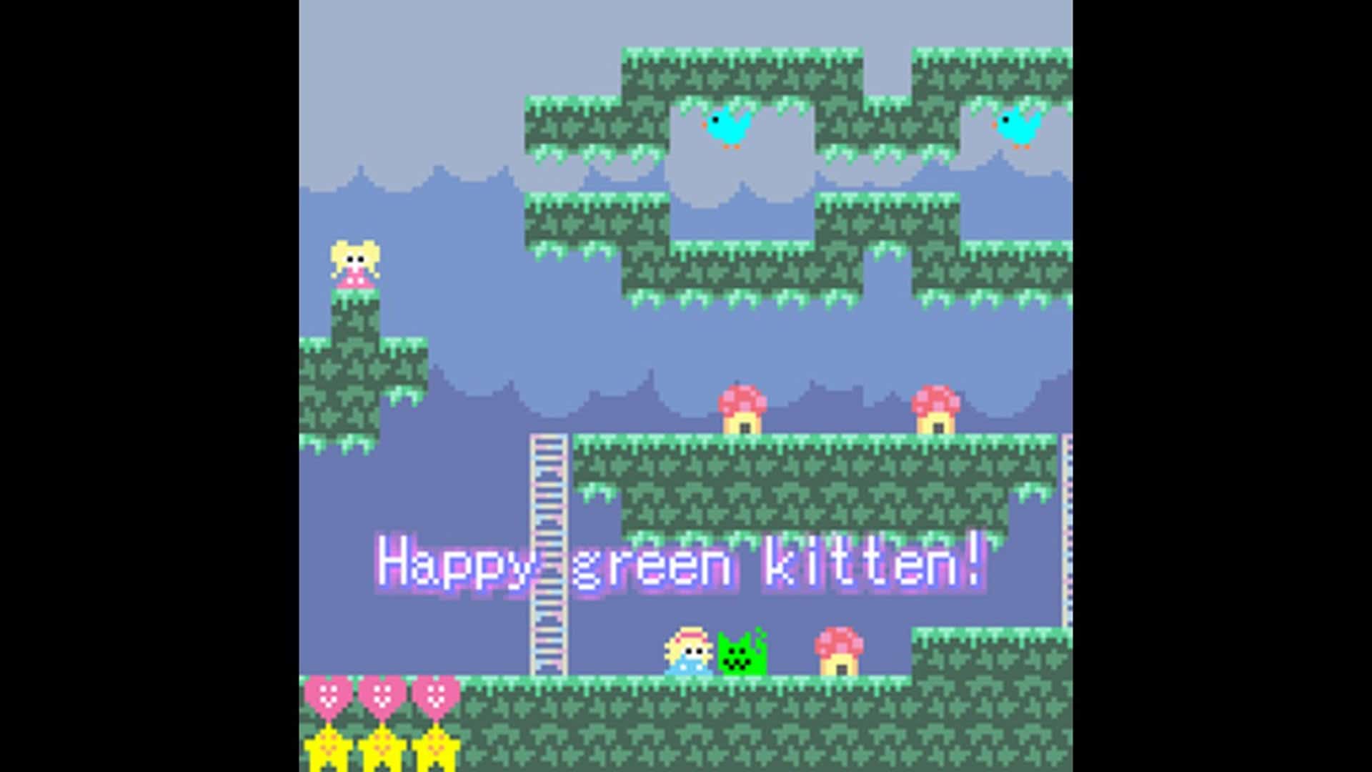 A pixel art world with platforms and a green kitten with the message Happy Green Kitten.