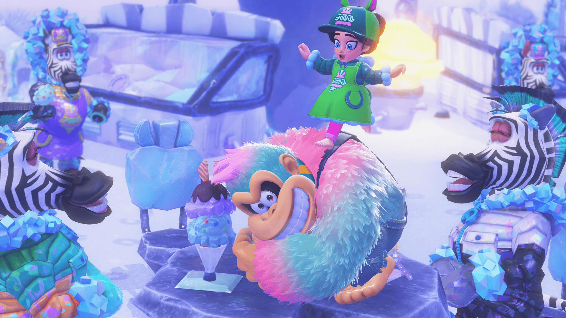 Donkey Kong Bananza screenshot showing Pauline climbing on top of a bubblegum coloured Donkey Kong, who is posing in front of an ice cream.