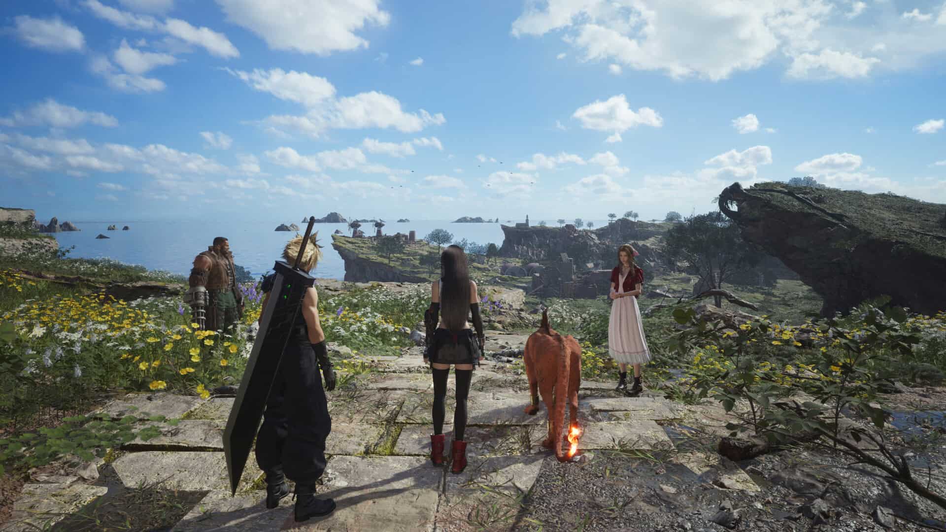 Final Fantasy VII Rebirth screenshot with Cloud, Tifa, Aerith, Red XIII and Barret all stood in the grassy wilderness.