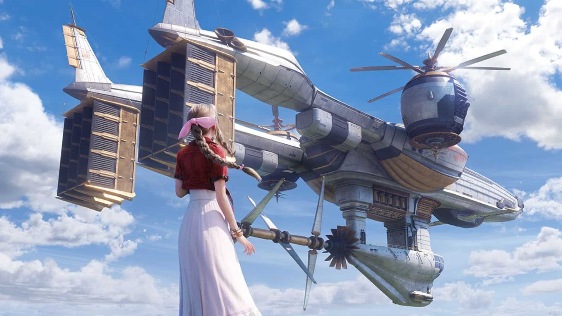 Aerith from Final Fantasy VII facing the large Highwind airship floating in a blue and sparsely clouded sky.