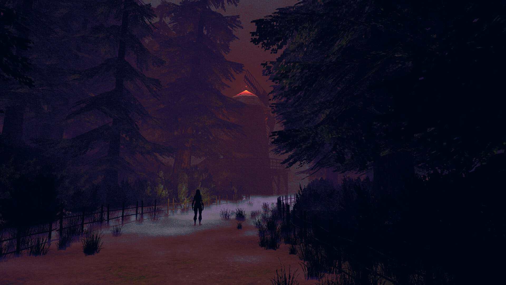 A screenshot of Flesh Made Fear's player character, Natalie, walking down a dark path.