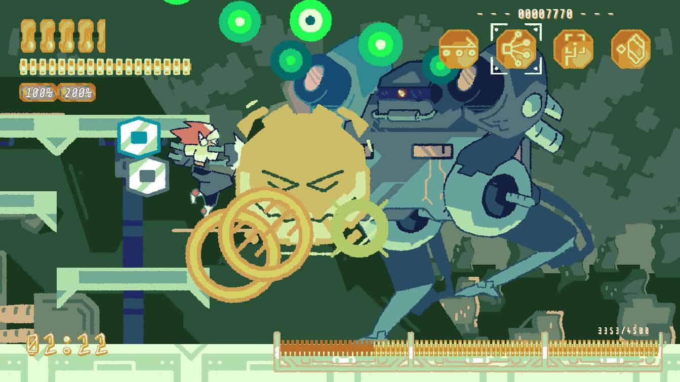 A boy shoots lasers at a giant robot.