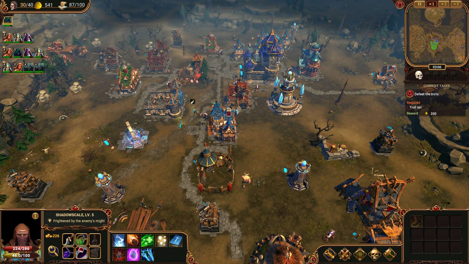 A large fantasy encampment, made up of various buildings, with different people wandering around