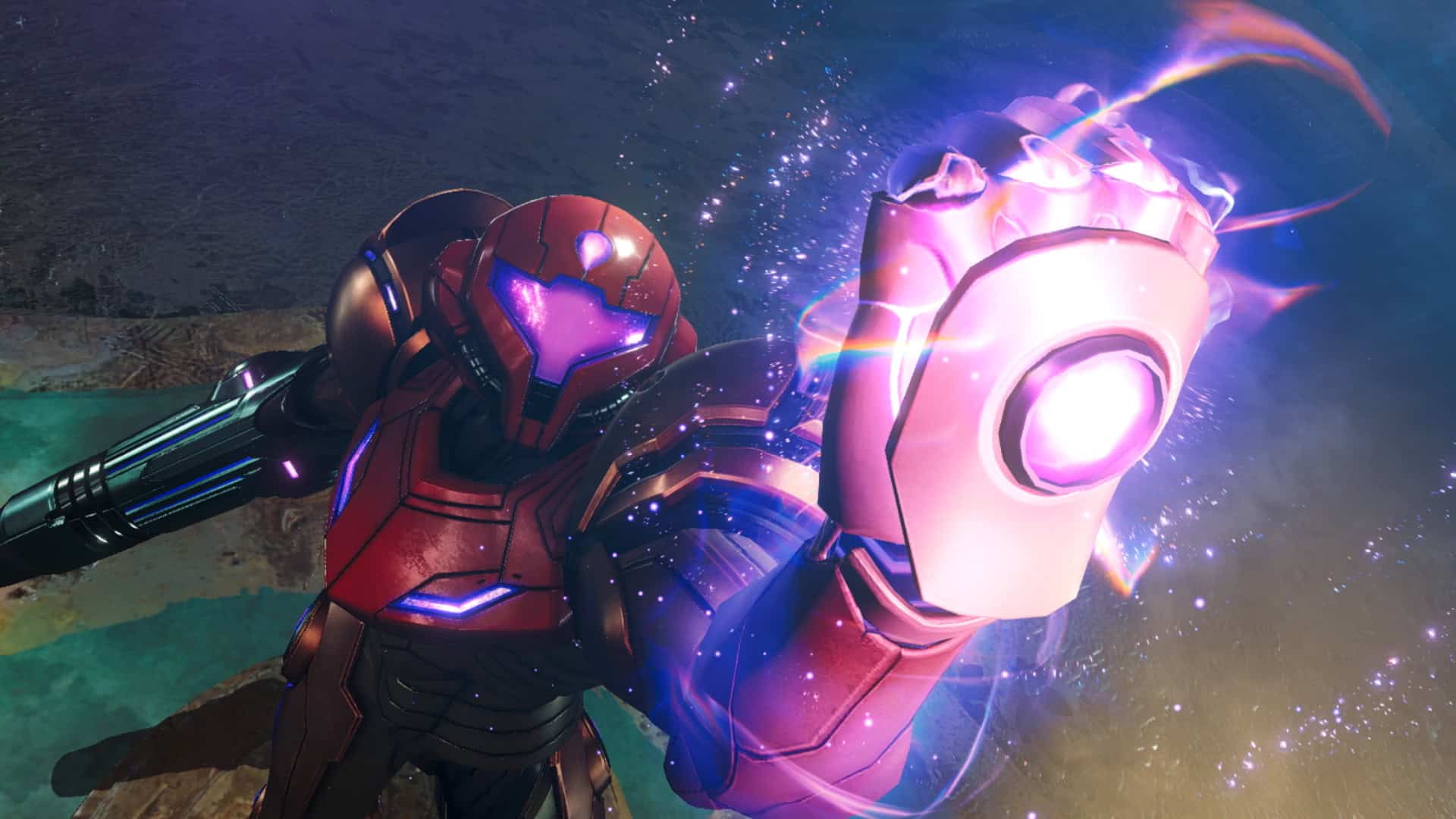 Metroid Prime 4 Beyond screenshot showing Samus clenching a fist glowing with psychic powers.