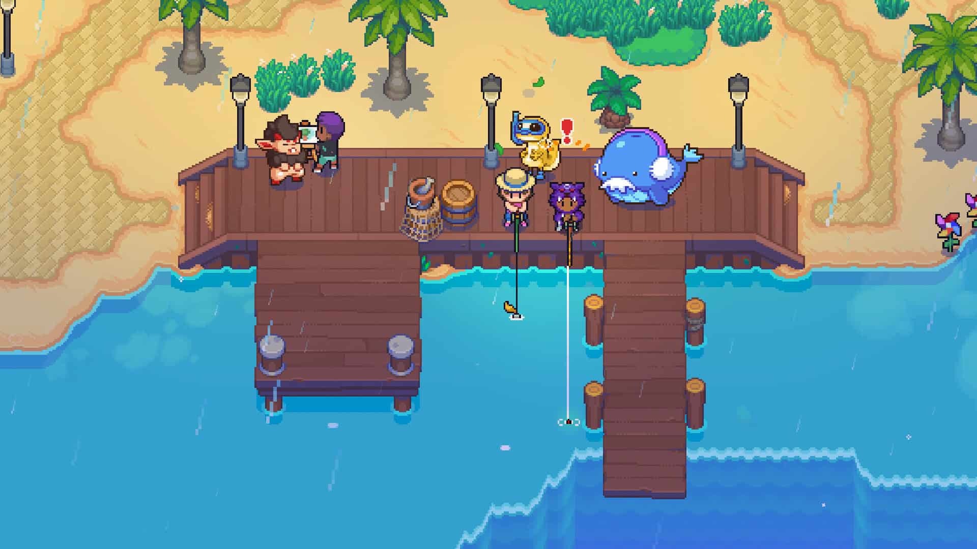 A Moonstone Island screenshot with two characters fishing on a beach. A large whale creature is sat watching them.