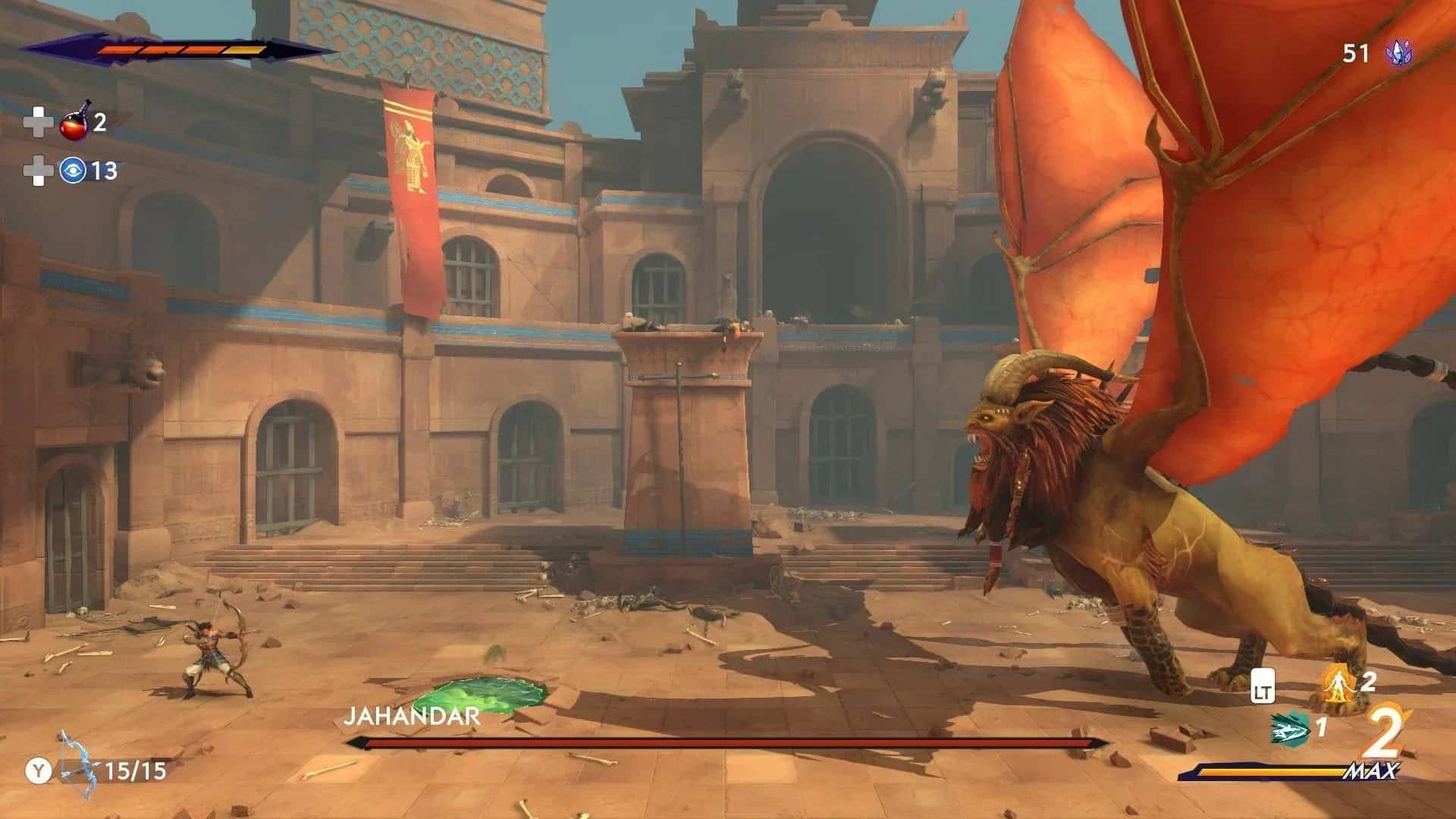The prince faces off against a gigantic lion monster with bat wings.