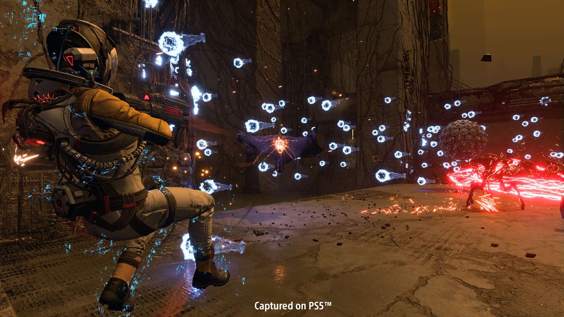 Selene shooting at a monster and dodging many incoming bullets.