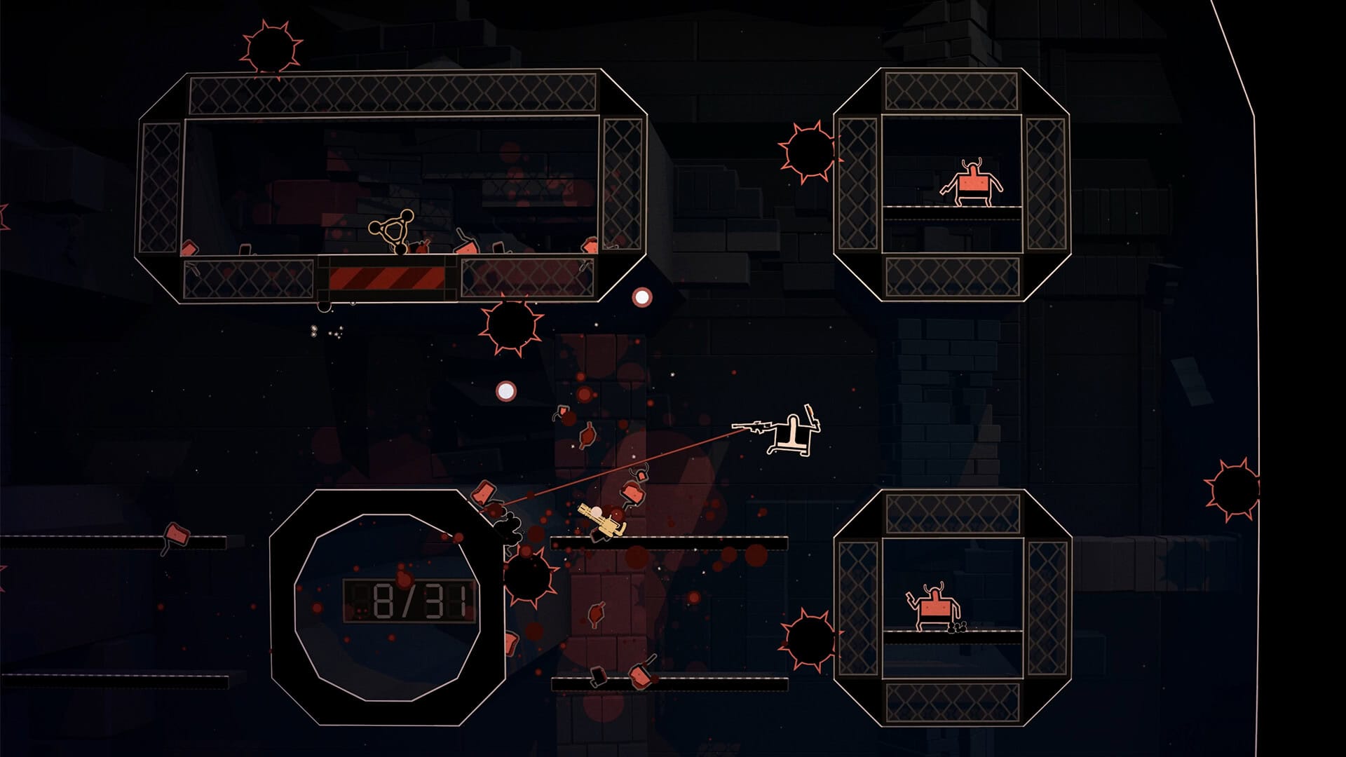 A 2d plane showing a maze with a man pointing a shotgun at enemies.